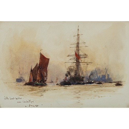 881 - Charles Edward Dixon (British, 1872-1934) Shipping off the docks Watercolour 17 x 26cm Inscribed low... 