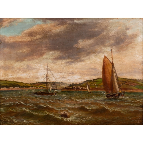 882 - Joseph Kennedy (British, circa 1838-1893) Sailboats in Barnstaple Bay, fields in the distance Oil on... 