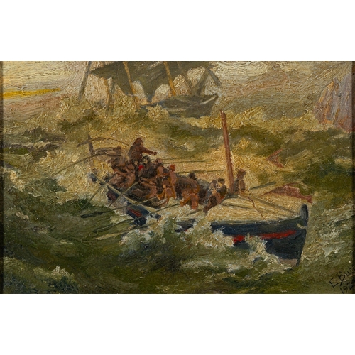 884 - E. Butt (British, 20th Century) A lifeboat in rough seas Oil on canvas 19.5 x 30cm Signed lower righ... 