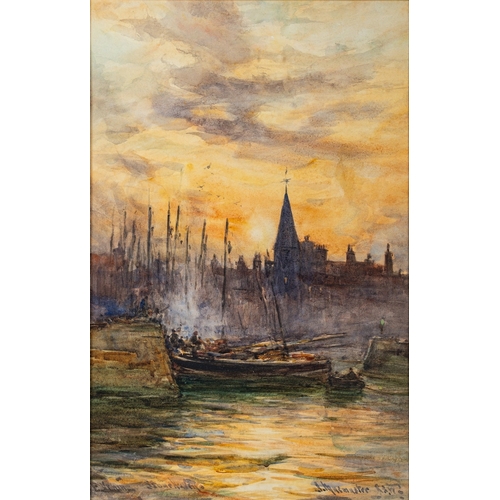 885 - James MacMaster British, (1856-1913) Moored boats in the harbour at sunset, the church beyond Waterc... 