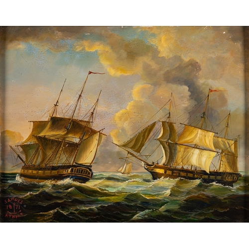 888 - Chinese School, 20th Century Reproduced Maritime Scenes after a European artist Three oils on board ... 