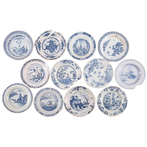 89 - A group of sixteen English and Dutch blue and white delftware plates 18th century one initialled to ... 