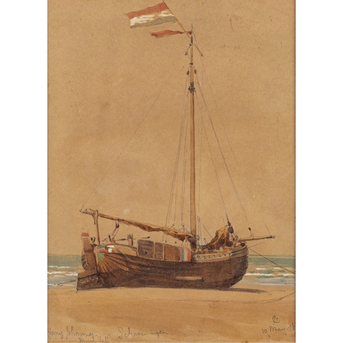 897 - Dutch School, 19th Century  A beached Dutch fishing boat Watercolour 17 x 12cm Monogrammed lower rig... 