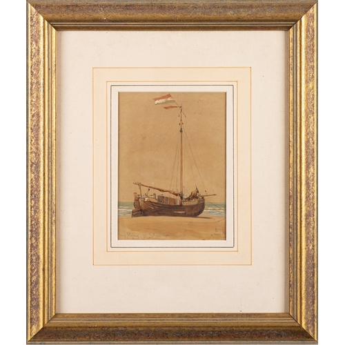 897 - Dutch School, 19th Century  A beached Dutch fishing boat Watercolour 17 x 12cm Monogrammed lower rig... 