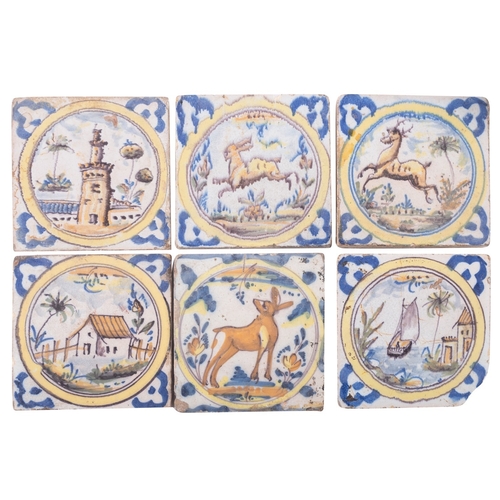 91 - A group of six Dutch polychrome Delft tiles of similar design depicting an estuary, buildings in lan... 