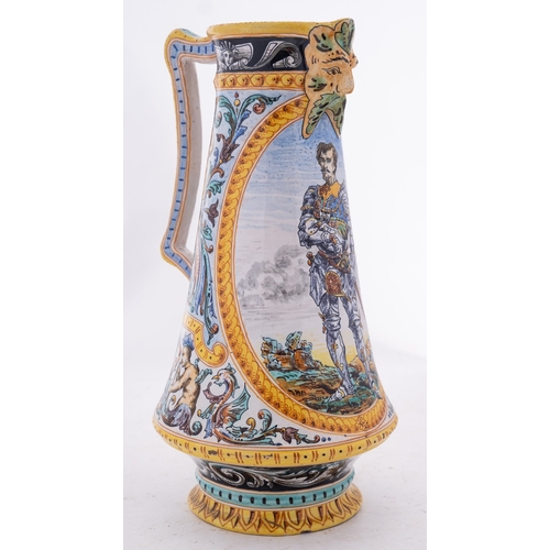 92 - A French polychrome faience jug, painted with an oval panel depicting a soldier in armour and verso ... 