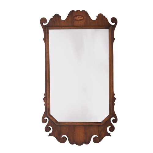 941 - A walnut and marquetry framed wall mirror in George I style, modern; the fret cut surround with scro... 