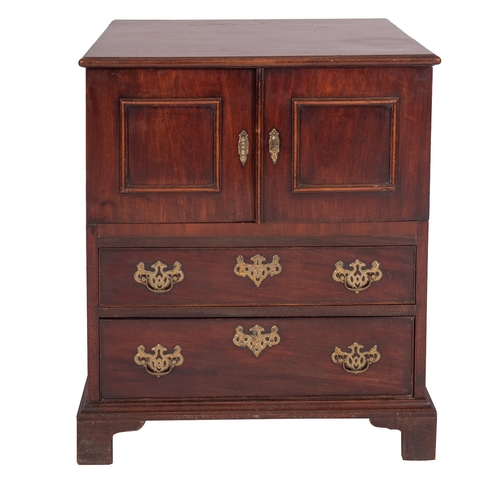 944 - A mahogany commode chest, 18th century and fully adapted; with a pair of panel doors above two later... 