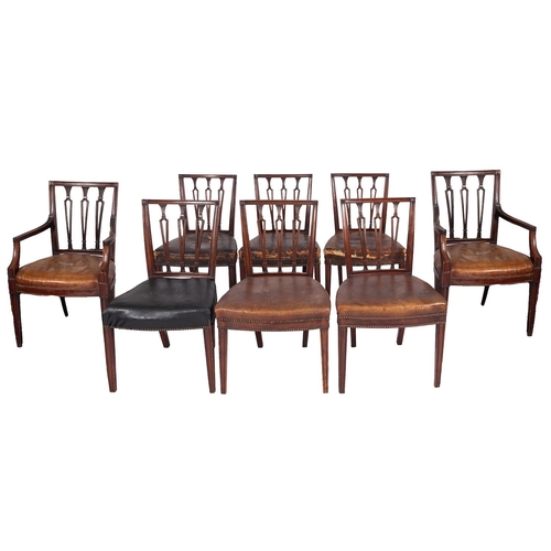 981 - A set of eight late George III mahogany and leather upholstered dining chairs, circa 1800; including... 