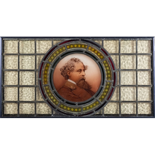 405 - WINDOW PANEL. A Victorian painted and leaded glass rectangular window panel, the central roundel pai... 