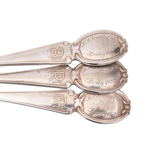 153 - A group of three Bisley silver trophy spoons, maker Elkington & Co. Birmingham 1930 and 1949, 12ozt.... 