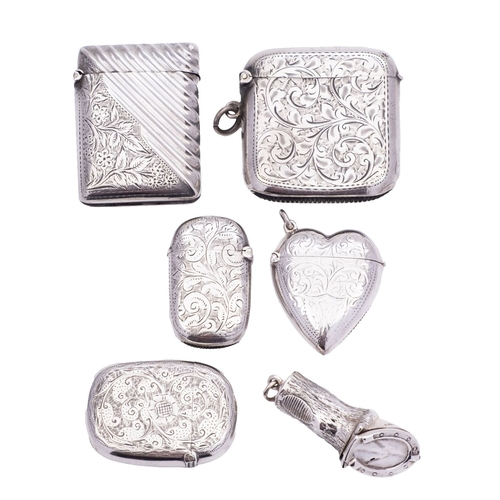 176 - A small collection of silver vesta cases to include; a horse hoof by Repousse Ltd, Birmingham 2014-2... 