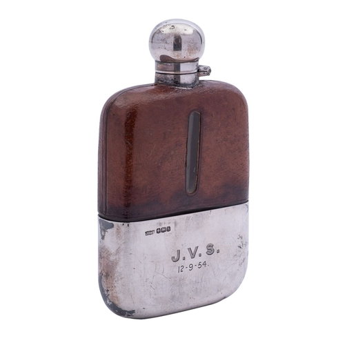 181 - A George V silver glass and leather spirit flask by James Dixon & Sons Ltd, Sheffield 1925, of round... 