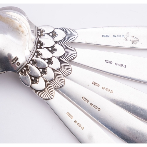 224 - Five Danish silver Cactus pattern grapefruit spoons by Georg Jensen, import marked for London 1935, ... 