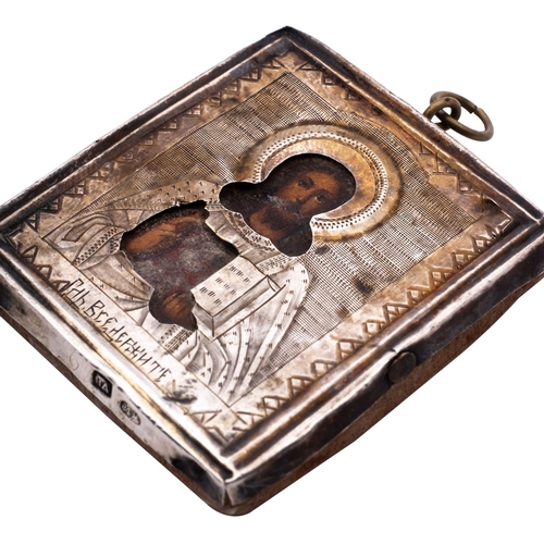 232 - A Russian miniature icon of Christ Pantocrator in a silver oklad, maker's mark ID (Cyrillic, not tra... 