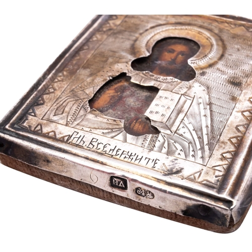 232 - A Russian miniature icon of Christ Pantocrator in a silver oklad, maker's mark ID (Cyrillic, not tra... 