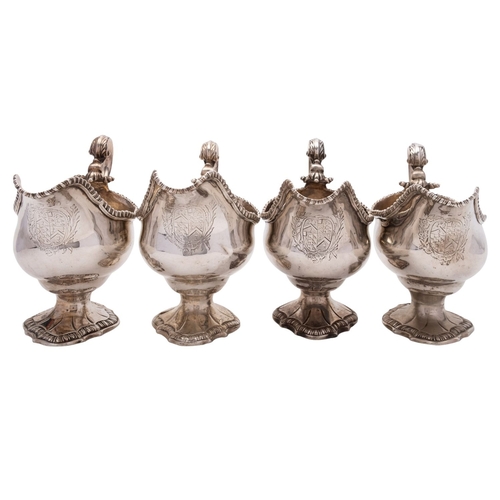 332 - A pair of George III silver sauce boats by William Skeen, London 1765, baluster bodies with gadroone... 