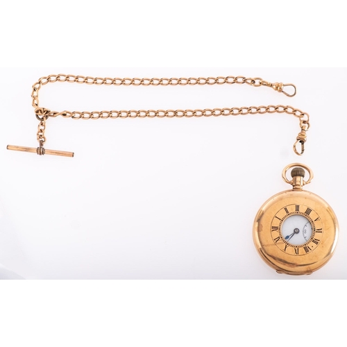 377 - Dennison, a 9ct gold half-hunter pocket watch the movement having an engraved balance cock to the le... 