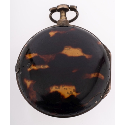 395 - Fras. Harvey, Hayle, a tortoiseshell and silver pair-cased pocket watch the dial having black Roman ... 