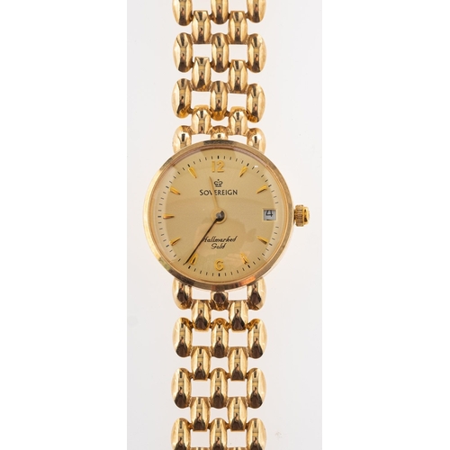 455 - Sovereign a 9ct gold lady's wristwatch, the round dial signed Sovereign, with integral bracelet, the... 