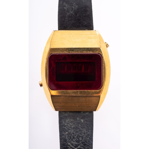 462 - Accurist, a 1970s LED gold-plated wristwatch, the cushion-shaped case with leather strap, diameter 3... 