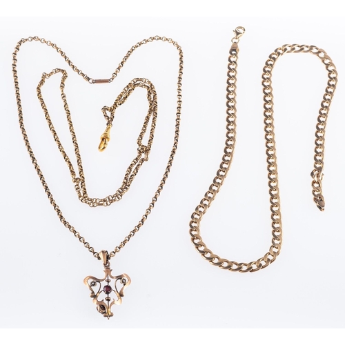 488 - A group of jewellery, to include a 9ct yellow gold curb chain, UK import mark, length 46.0cm, 10.3gr... 