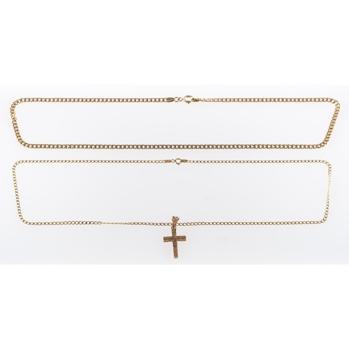 516 - A cross designed pendant and two chains, a 9ct yellow gold cross with scroll decoration to one side ... 