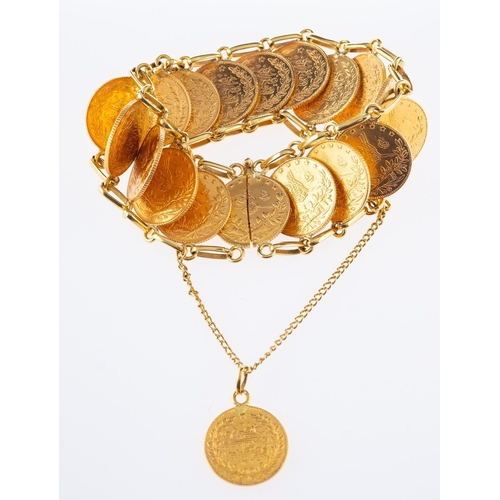 517 - A 22ct yellow gold bracelet, composed of nineteen '50' Piastra gold coins (Turkish), dated 1911, ove... 