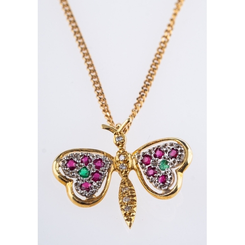 525 - An 18ct yellow & white gold butterfly pendant and chain, the butterfly is pave set with single-cut d... 