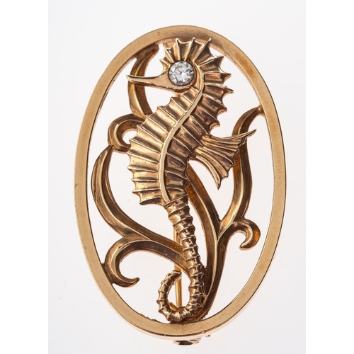 542 - Geoffrey G Bellamy, for Ivan Tarrat, a 9ct yellow gold Seahorse brooch, circa 1960's, later set with... 