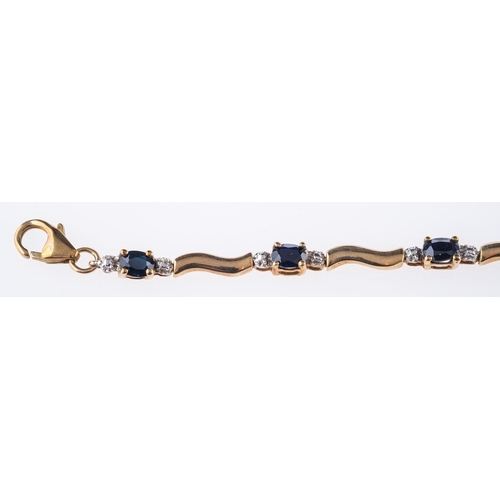 546 - A 9ct yellow gold sapphire & diamond bracelet, a curved link bracelet interspaced with ten oval-cut ... 