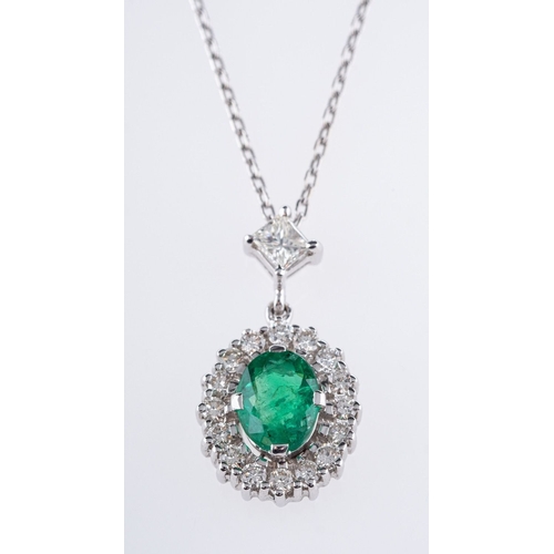 548 - An emerald and diamond pendant and chain, the pendant of cluster design is set to the top with a pri... 