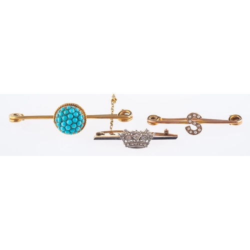 567 - A group of three antique brooches, including a brooch set with turquoise cabochons and a rope edged ... 