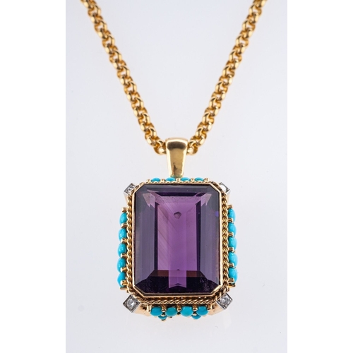 574 - A large amethyst, turquoise and diamond pendant with chain, the pendant is set centrally with a step... 