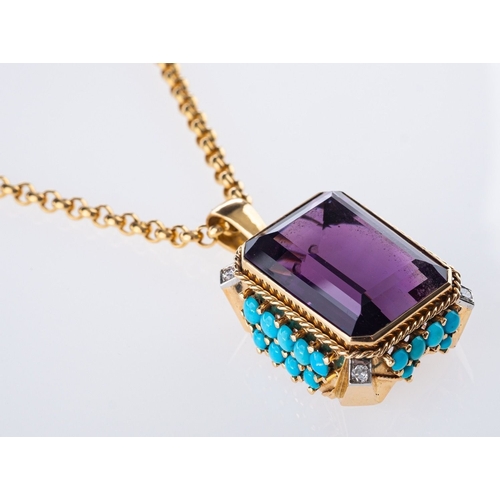 574 - A large amethyst, turquoise and diamond pendant with chain, the pendant is set centrally with a step... 