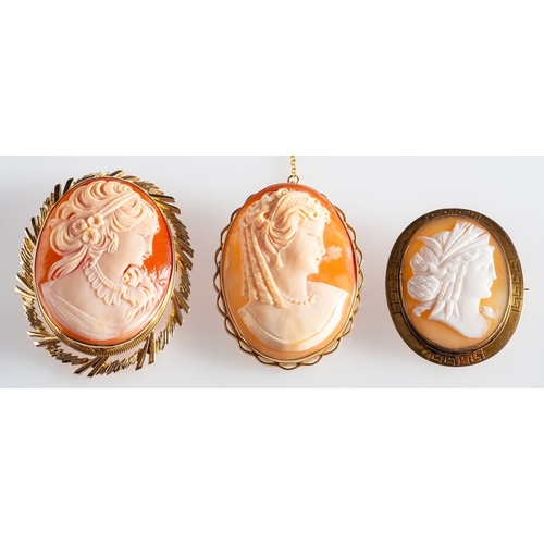 588 - A group of three cameos, to include a 9ct yellow gold oval cameo with a female bust with flowers in ... 