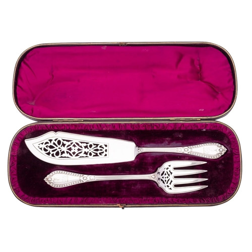 65 - A Victorian silver cased silver fish slice and fork by John Aldwinckle & Thomas Slater, London 1884,... 