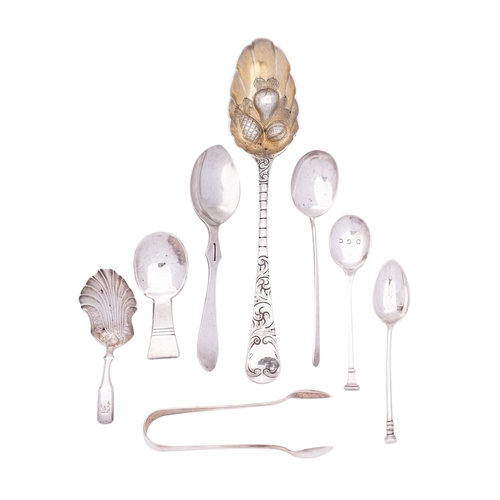 79 - A mixed group of silver flatware comprising:: a George III silver berry spoon by Thomas and William ... 