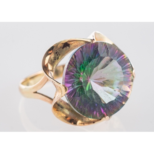 817 - A mystic topaz ring, a circular-cut mystic topaz in an openwork flower style setting, marked 14k, si... 