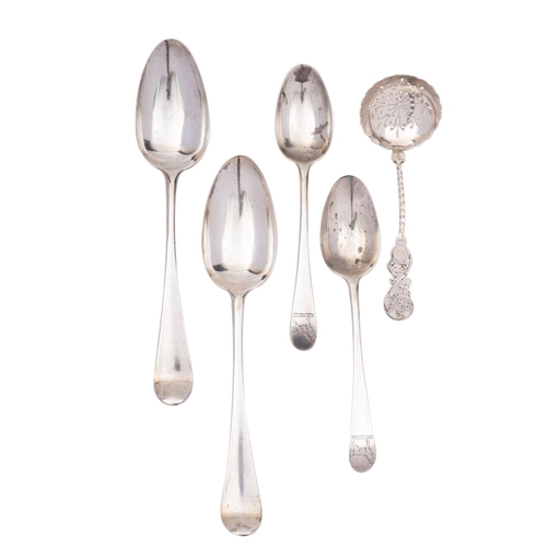 88 - A pair of Georgian Hanoverian pattern serving spoons, together with two silver dessert spoons and a ... 