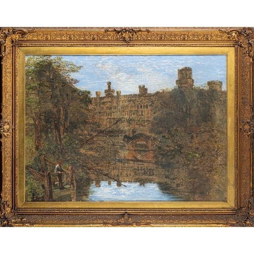 103 - British School (19th Century)- Warwick Castle  with a boy fishing in the foreground - Watercolour - ... 