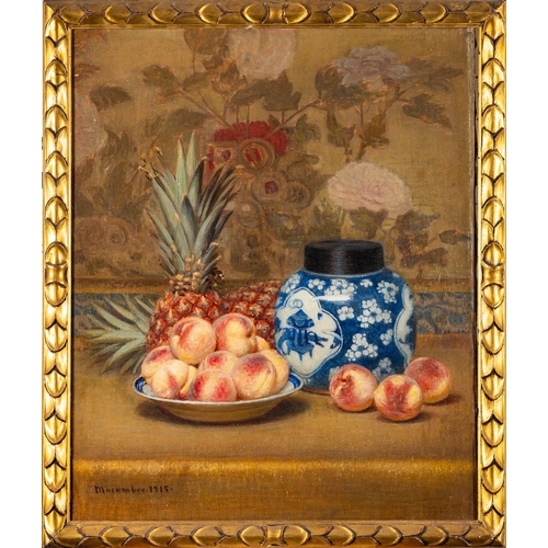 104 - Macomber (20th Century) - Still life with peaches, pineapples and a Chinese blue and white ginger ja... 