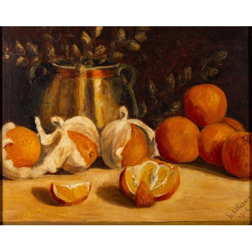 104 - Macomber (20th Century) - Still life with peaches, pineapples and a Chinese blue and white ginger ja... 