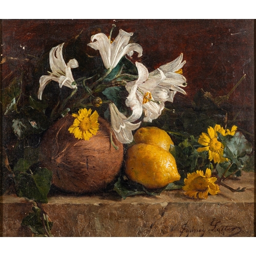 114 - Sydney Potter (British, active 1883-1890) - Still life of Lilies and Lemons - Oil on canvas - 29 x 3... 