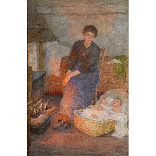 115 - Lionel Percy Smythe (British, 1839-1918) - An interior scene with a mother and child in a cot - Sign... 