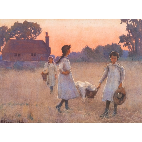 116 - Miss E. Thomas Hale (British, 19th/ 20th Century) - Children in a field at sunset - Watercolour - 28... 