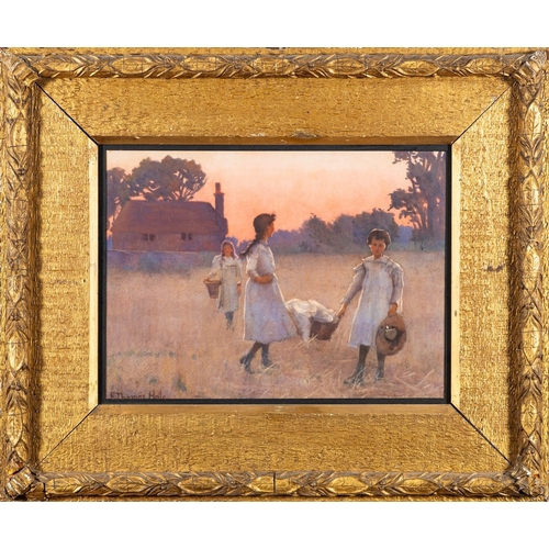 116 - Miss E. Thomas Hale (British, 19th/ 20th Century) - Children in a field at sunset - Watercolour - 28... 