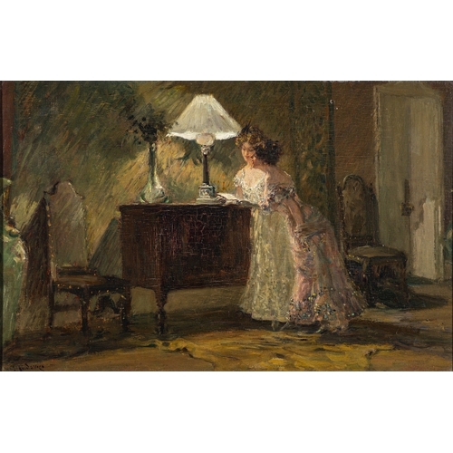 117 - Albert Ludovici Jnr. (British 1852-1932) - 'Lamp light' - Oil on panel - 28 x 43cm - Bearing the ori... 