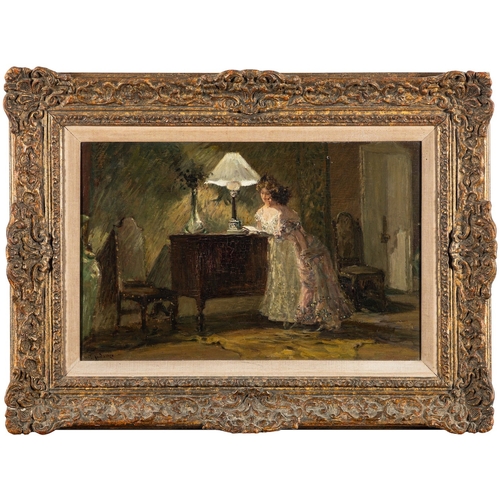 117 - Albert Ludovici Jnr. (British 1852-1932) - 'Lamp light' - Oil on panel - 28 x 43cm - Bearing the ori... 