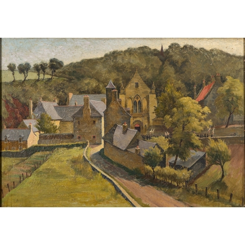 134 - British School (early 20th Century) - two landscapes- Village scene with houses and a procession lea... 